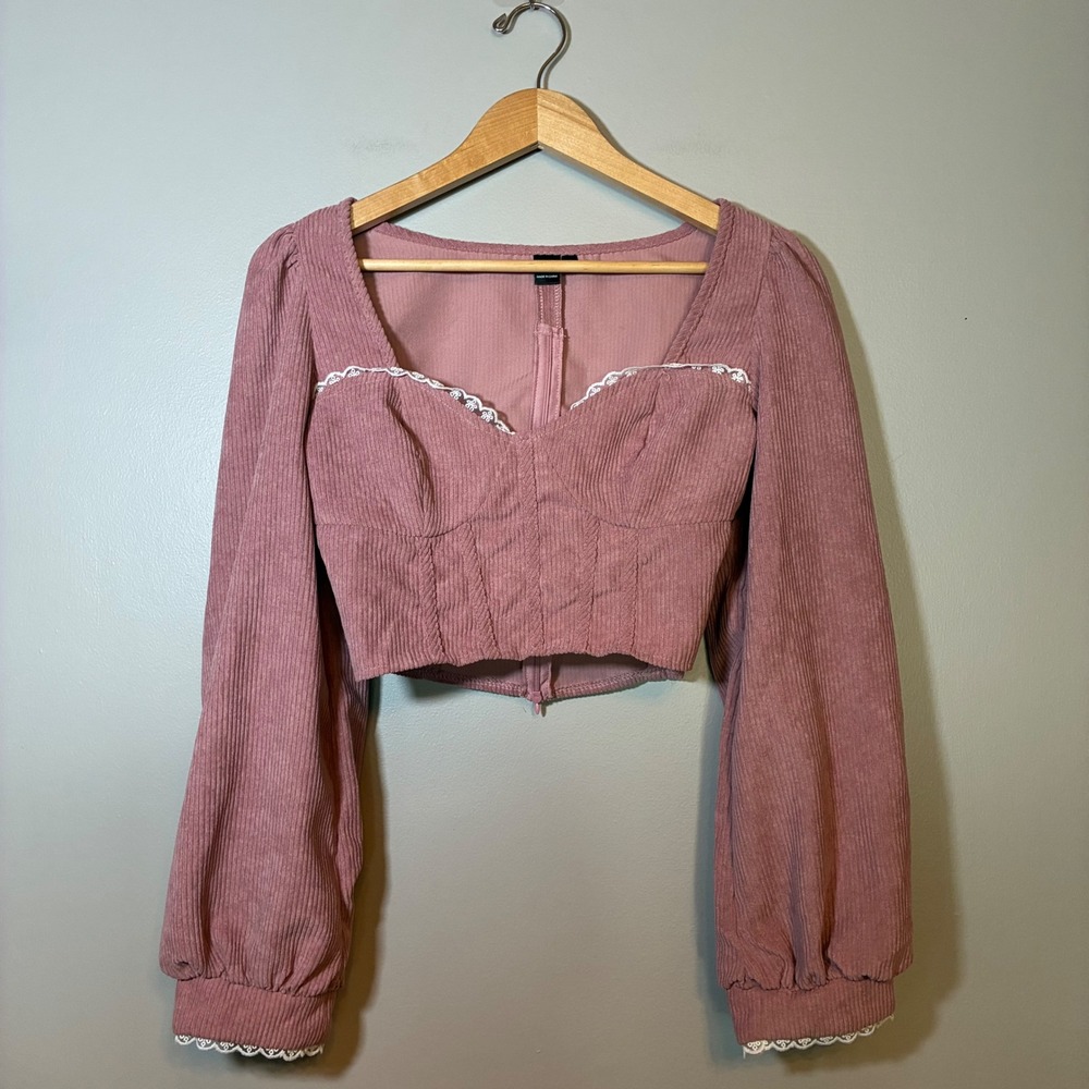 SHEIN MOD Mauve Pink Corduroy Lace Trim Corset Crop Top Long Puff Sleeve Large